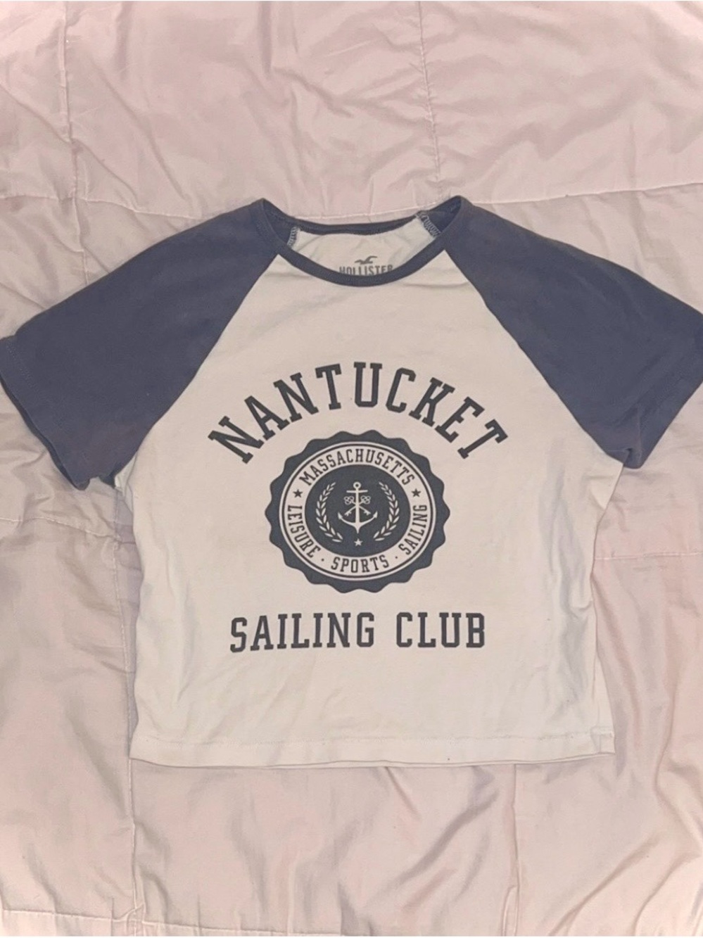 Hollister White Crop Tee with light Navy Raglan Sleeves - Nantucket Graphic